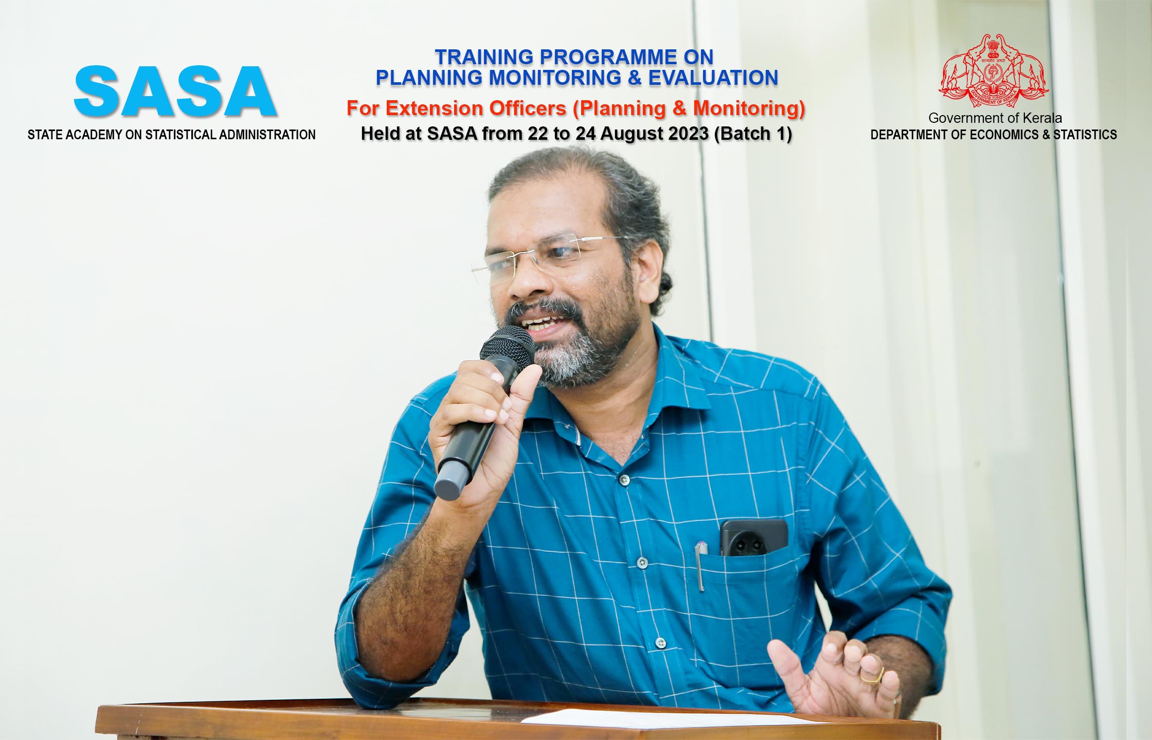 Training Manger Sri. D S Shibukumar introducting the Training on Planning Monitoring & Evaluation to EO (P&M) held at SASA on 22 Aug 2023