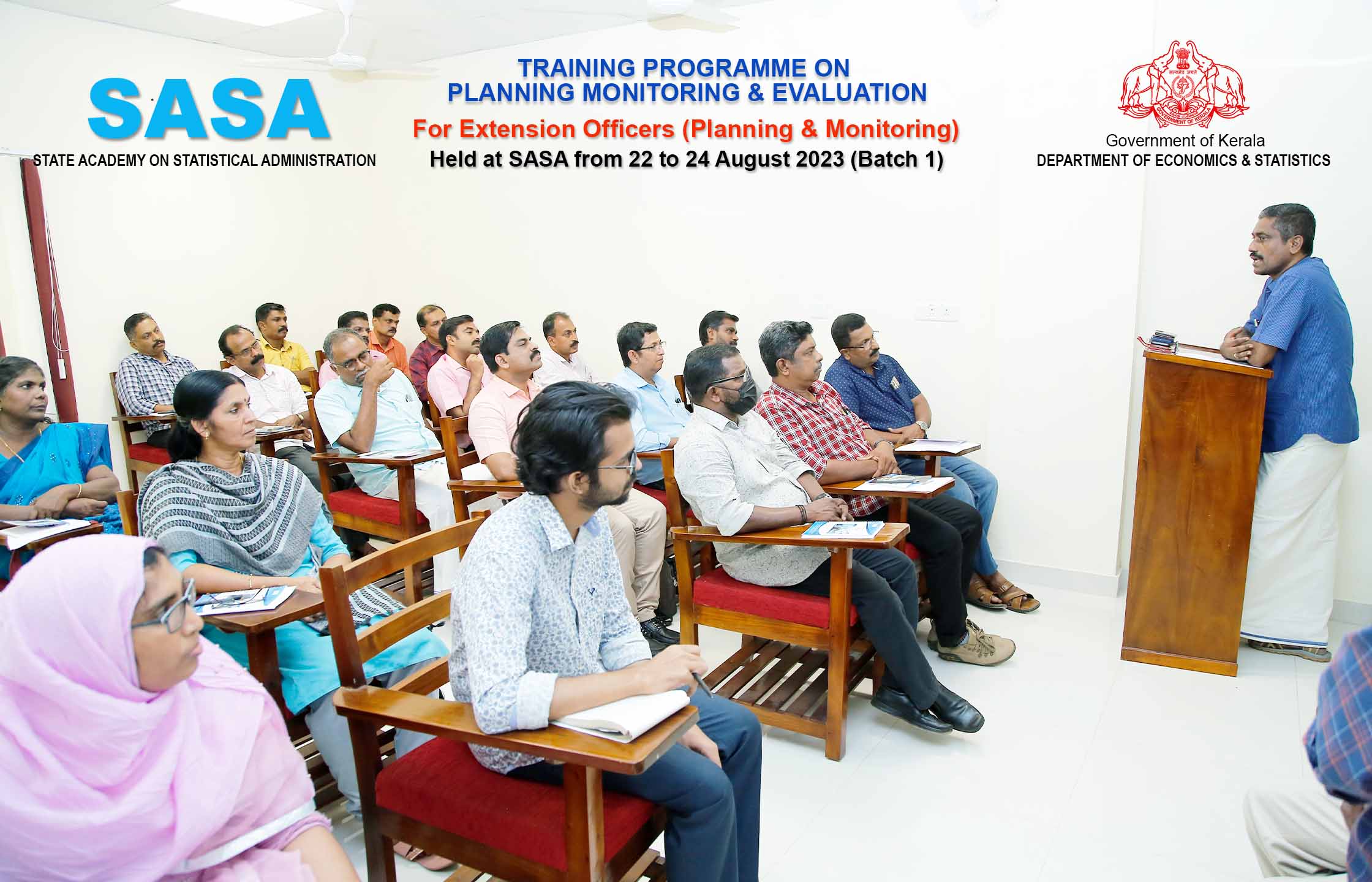 Director SASA Sri.Sreekumar B delivering a lecture on Planning Monitoring & Evaluation held at SASA on 22-08-2023