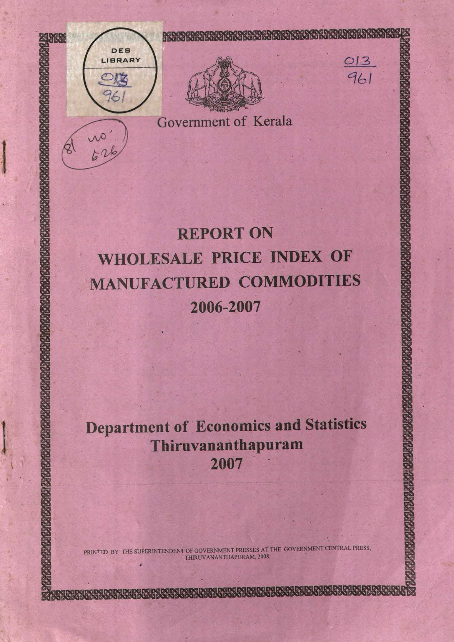 Report on Wholesale Price Index of Manufactured Commodities 2006-07