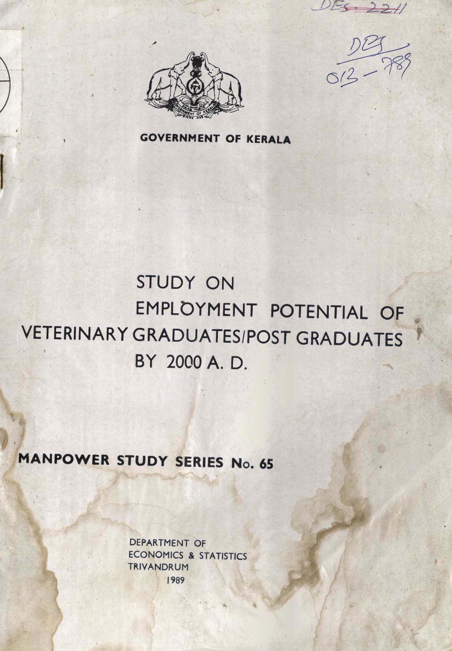 STUDY ON EMPLOYMENT POTENTIAL OF VETERINARY GRADUATES POST GRADUATES BY 2000 AD
