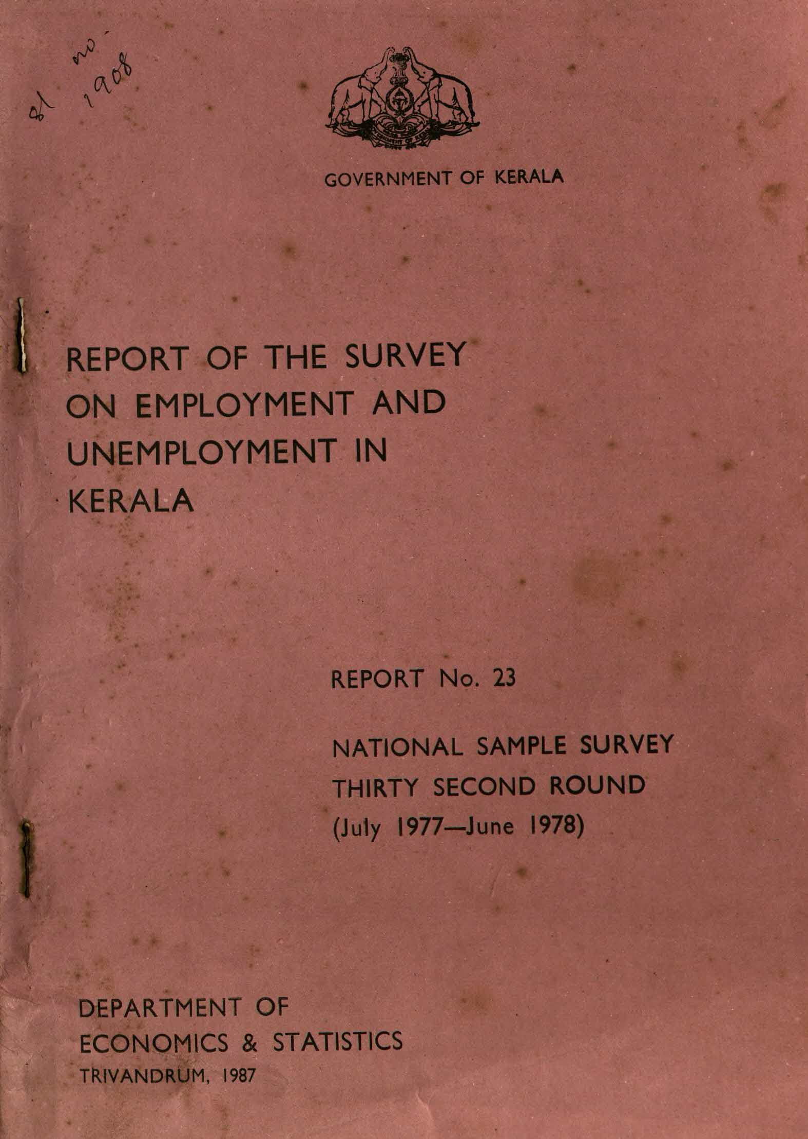 Report Of The  Survey On Employment And Unemployment In Kerala No:23